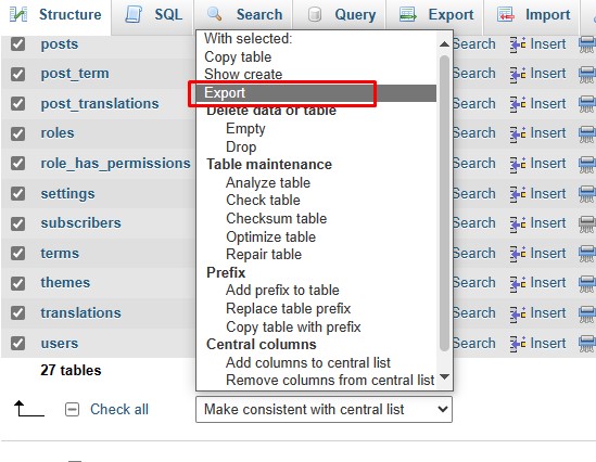 export via phpmyadmin